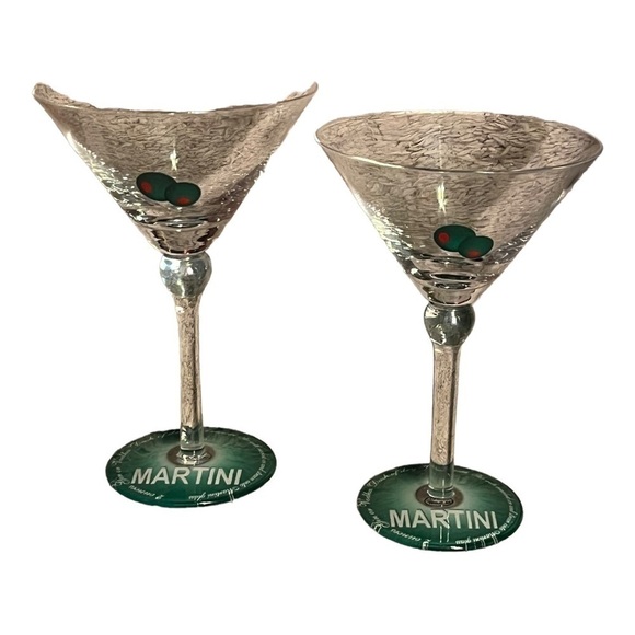 Martini glasses with recipe on base pair of olives on bowl Barware entertaining - Picture 2 of 8